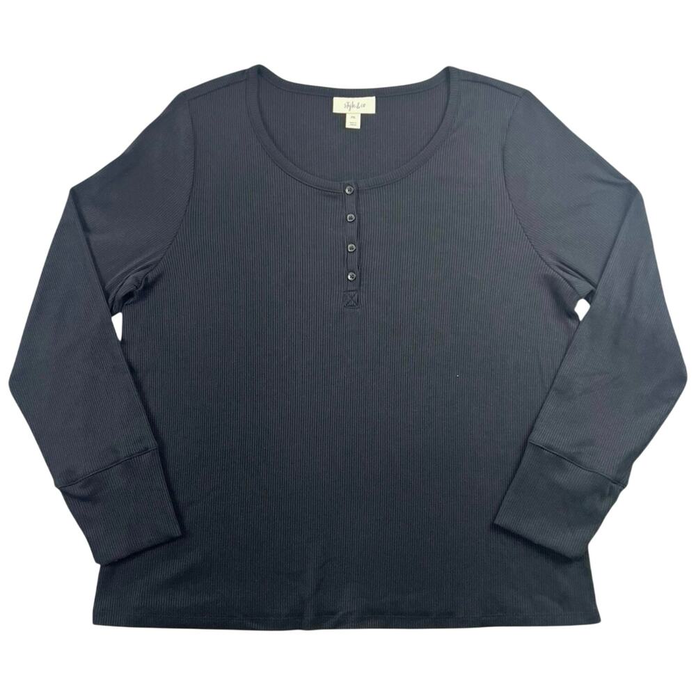 Style & Co Ribbed Henley Top Black Long Sleeve Stretch Minimalist - XL Petite